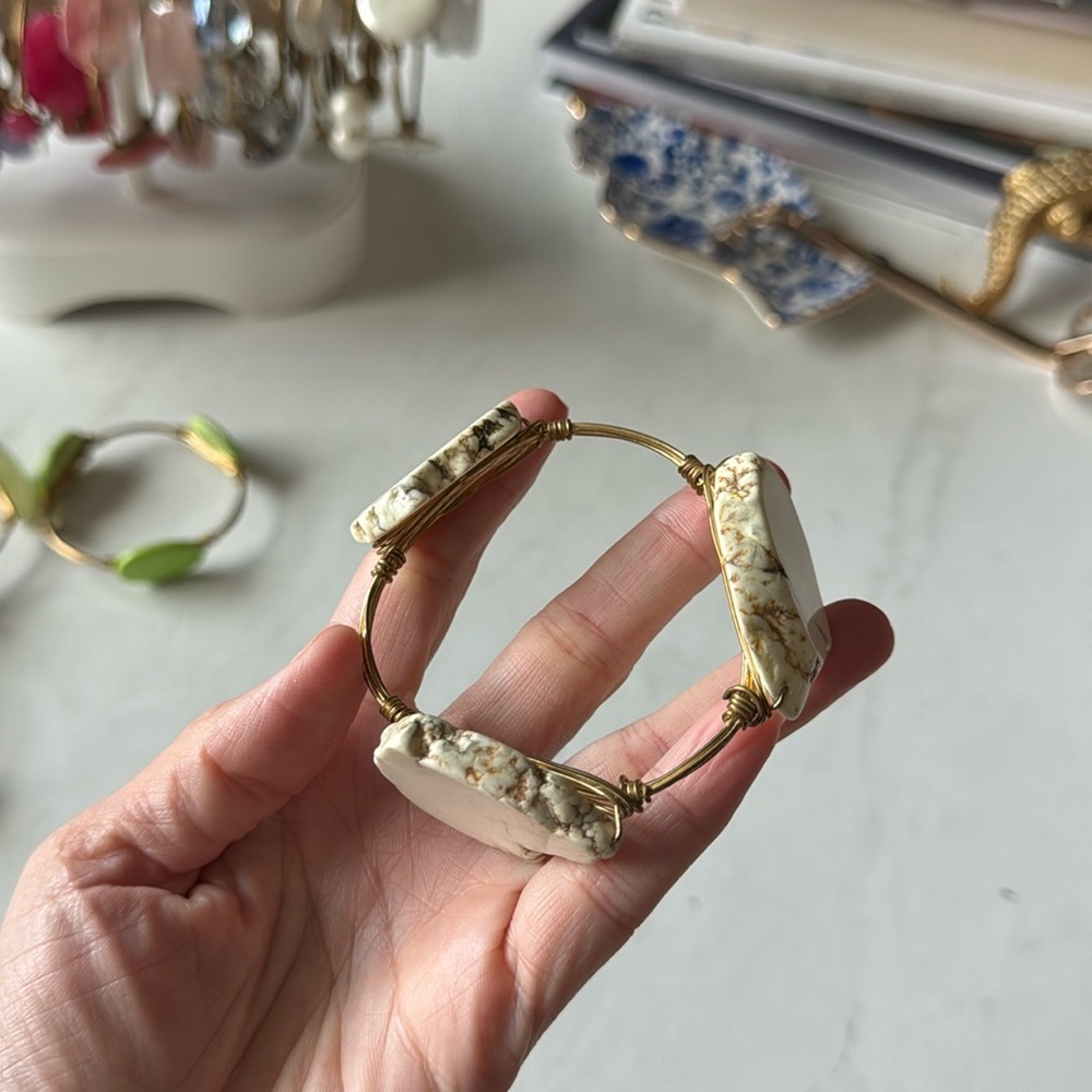 White natural stone Bourbon and Bowties Bangle Bracelet